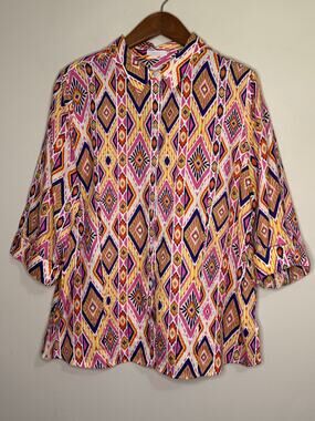 Chico's No Iron Button Top Women's 3 XL 18 100% Linen 3/4 Sleeve Colorful Blouse